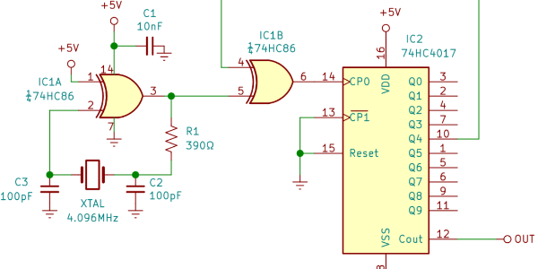 該設(shè)計(jì)使用基于 XOR 門的 Pierce 振蕩器，產(chǎn)生 455kHz 和 50% 占空比