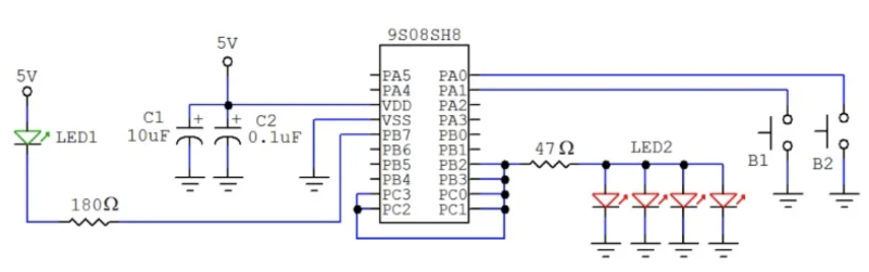 NXP 的 9S08SH8 微控制器的 GPIO 應(yīng)用。沒有外部振蕩器